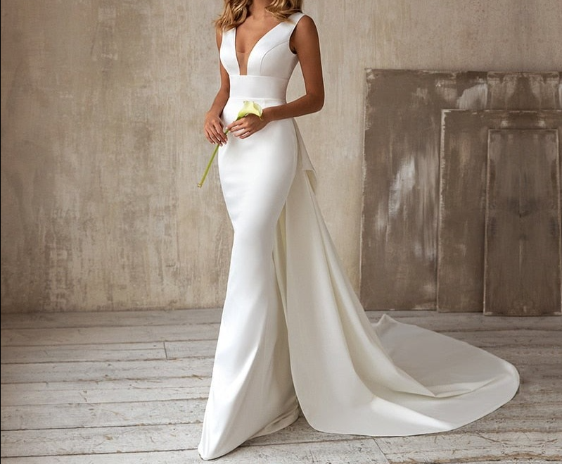 LORIE Elegant Mermaid Wedding Dresses with Detachable Train Bow White Ivory Boho Wedding Bridal