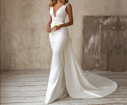 LORIE Elegant Mermaid Wedding Dresses with Detachable Train Bow White Ivory Boho Wedding Bridal