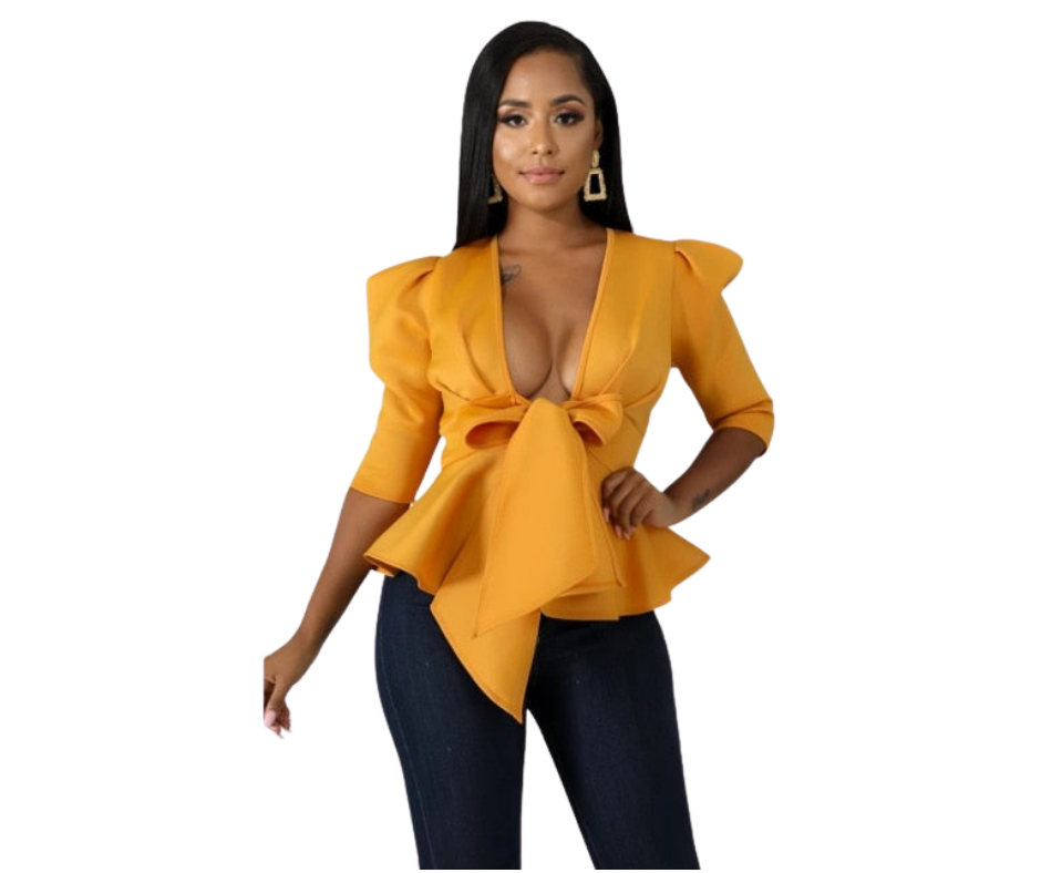 Women Peplum Blouse Tops with Waist Belt Bowtie Half Sleeves Deep V Neck Dress