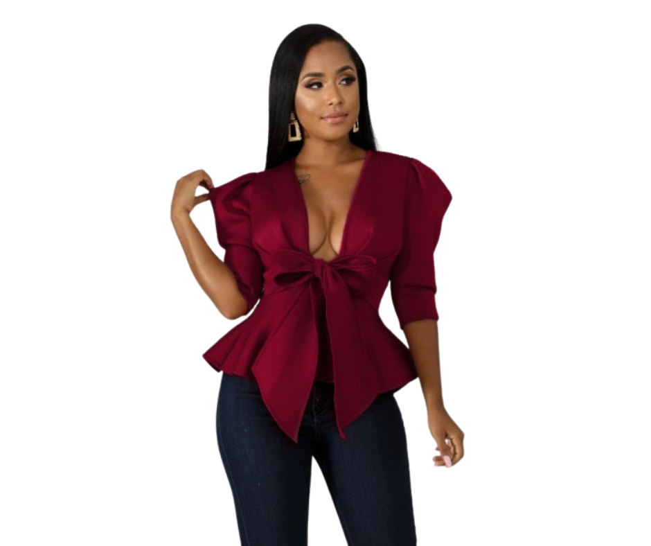 Women Peplum Blouse Tops with Waist Belt Bowtie Half Sleeves Deep V Neck Dress