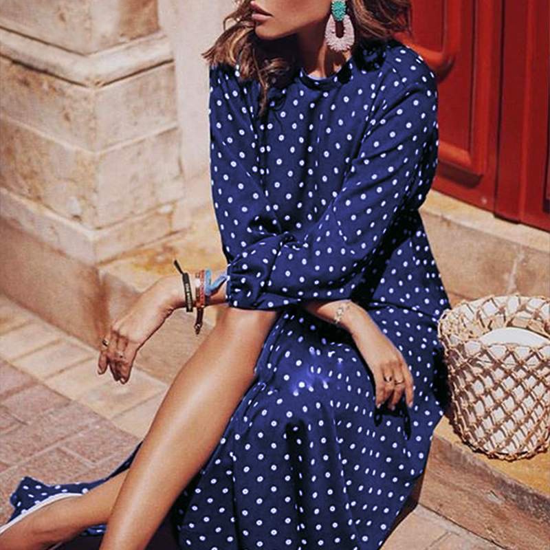 Polka Dot Lantern Sleeve Midi Dress