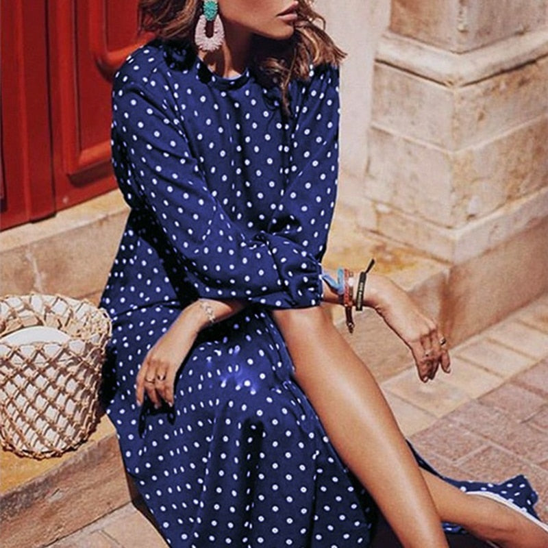 Polka Dot Lantern Sleeve Midi Dress