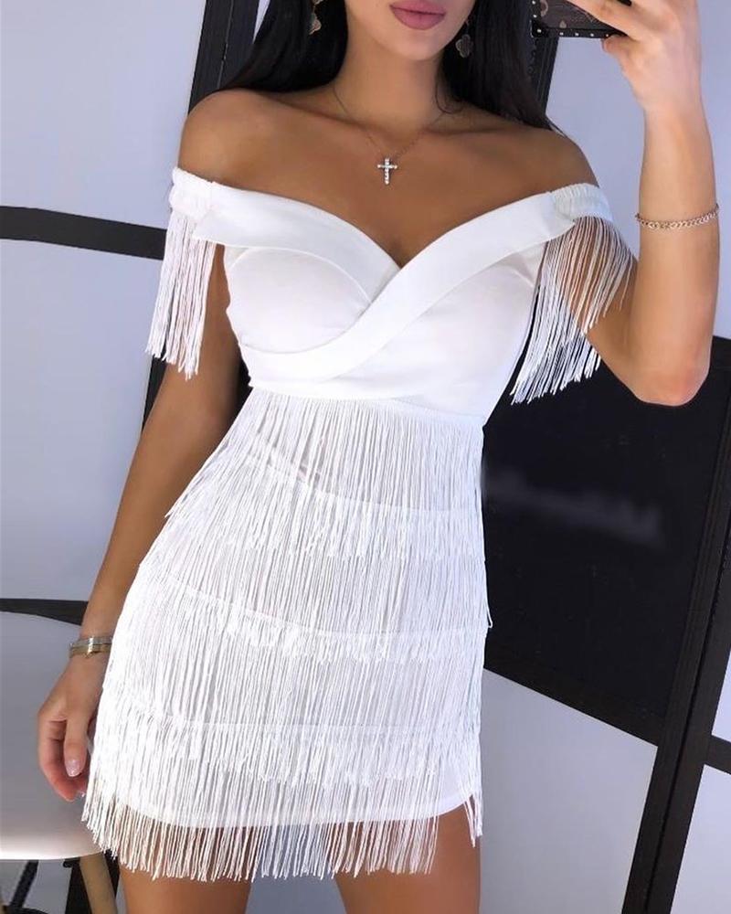 White Fringe Celebrity Evening Dress