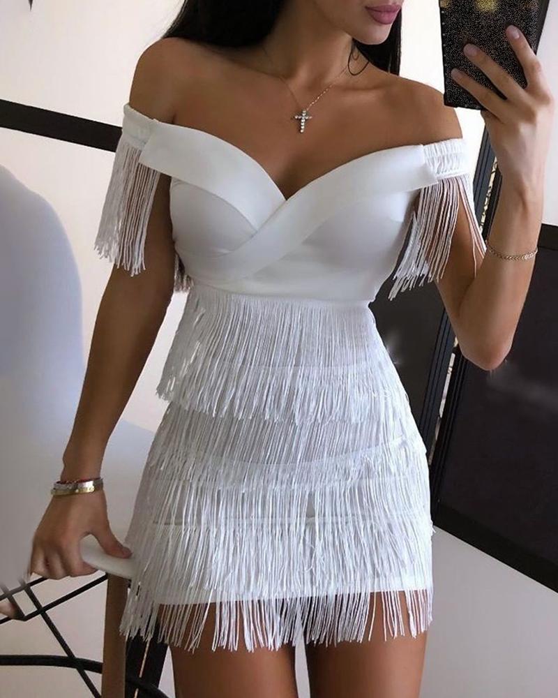 White Fringe Celebrity Evening Dress