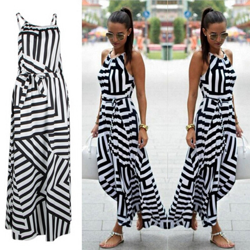 Maxi Long Dress New Fashion Women Striped Sleeveless