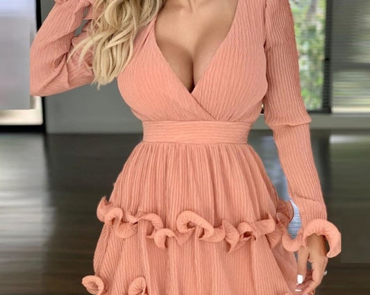 Women Elegant Fashion classic Deep V Ruffles Mini Dress Mini Dress  Party Dress