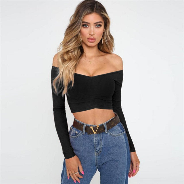 Long Sleeve T-shirt Summer Fashion Casual Classic Off Shoulder Solid Color