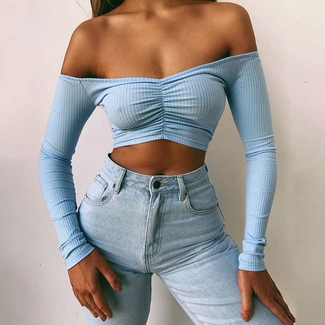 Long Sleeve T-shirt Summer Fashion Casual Classic Off Shoulder Solid Color