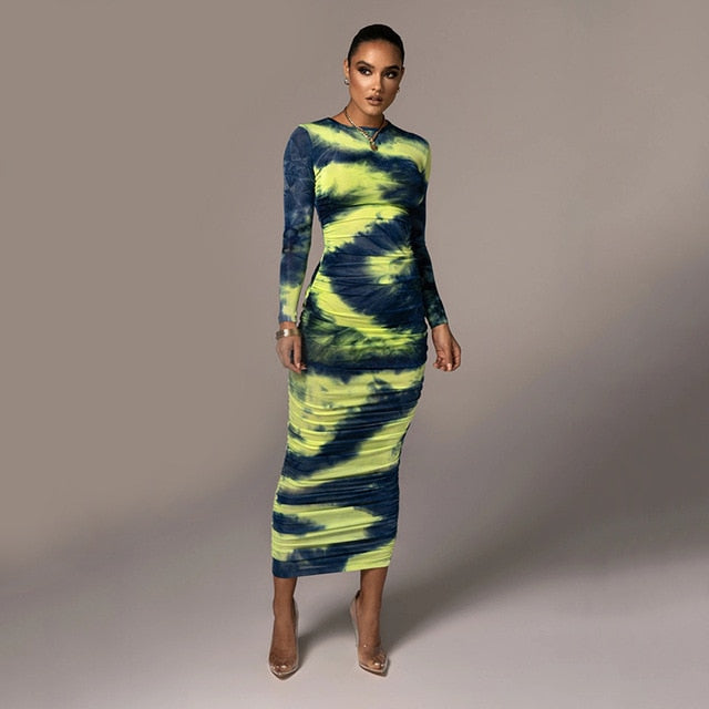 Dulzura Tie Dye Print Women Long Sleeve  Ruched Midi Dress O Neck Bodycon