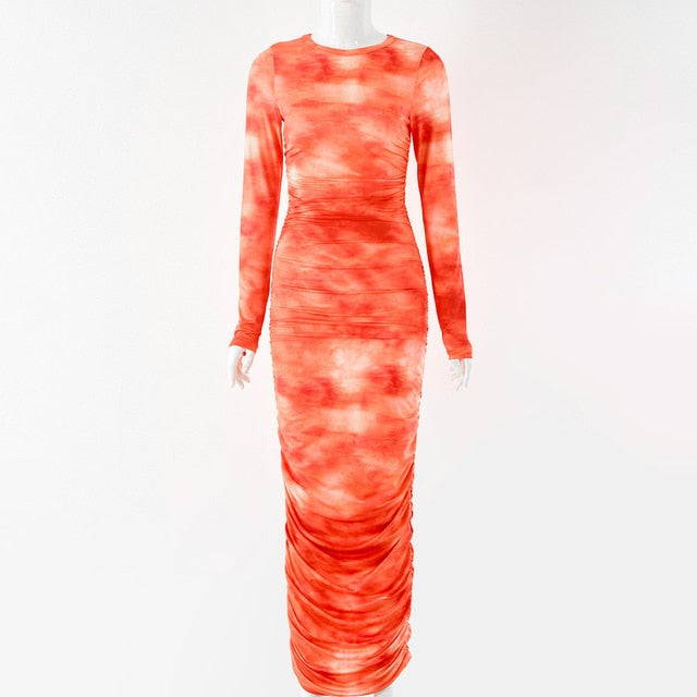 Dulzura Tie Dye Print Women Long Sleeve  Ruched Midi Dress O Neck Bodycon