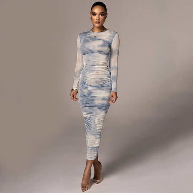 Dulzura Tie Dye Print Women Long Sleeve  Ruched Midi Dress O Neck Bodycon