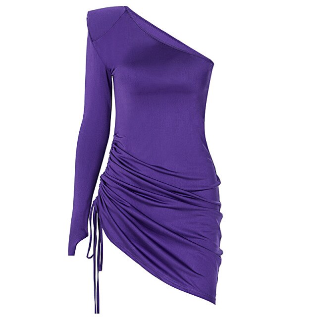 Long Sleeve Off Shoulder Bodycon Slim Pleated Purple Package Hip Mini Short Dress