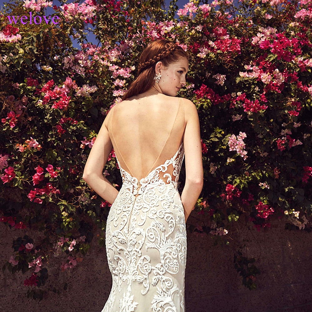 White Backless Lace Mermaid Wedding Dresses