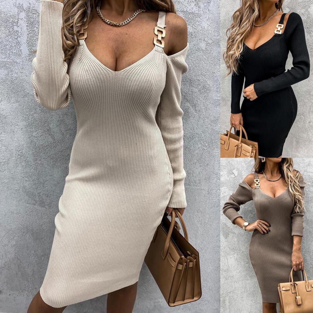 Women Deep V Neck Long Sleeve Off Shoulder Metal Straps Ribbed Knitted Dress