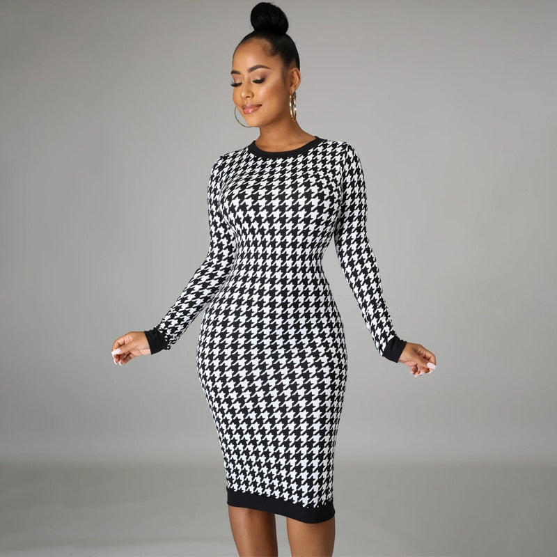 Houndstooth Print Midi Dress