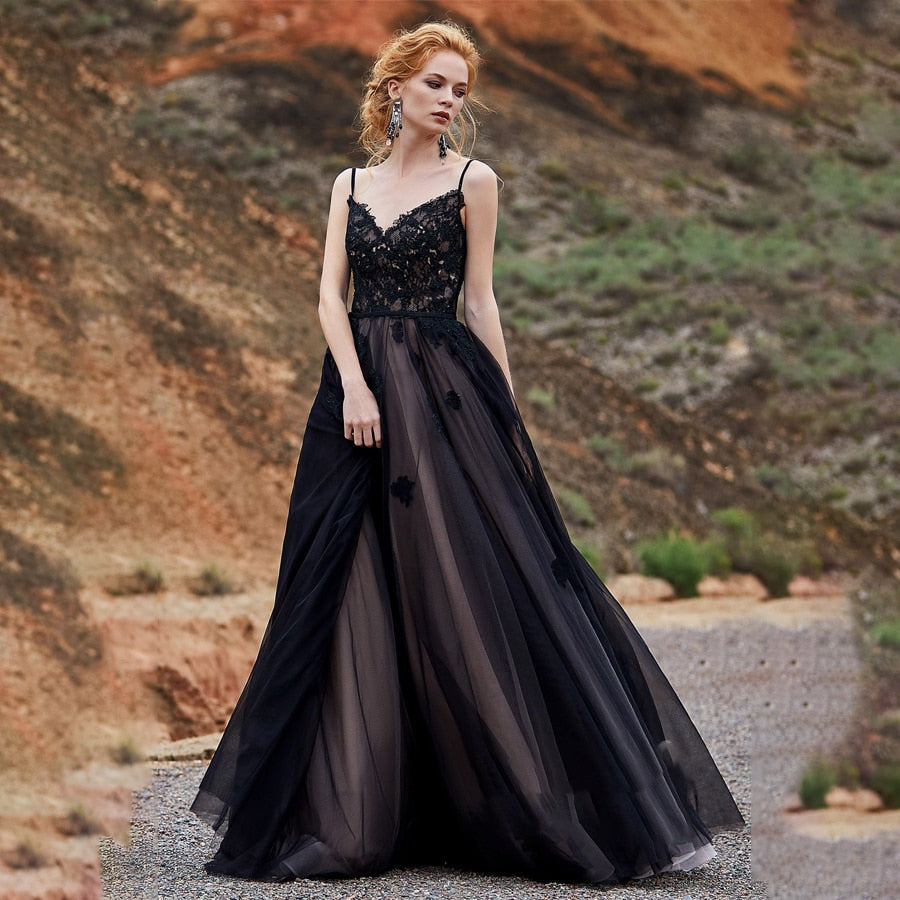 Spaghetti Straps Black Wedding Dress