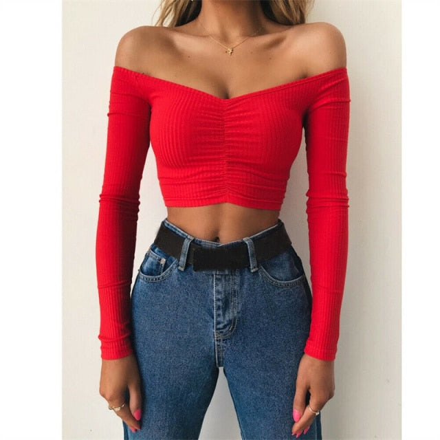 Long Sleeve T-shirt Summer Fashion Casual Classic Off Shoulder Solid Color