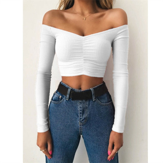 Long Sleeve T-shirt Summer Fashion Casual Classic Off Shoulder Solid Color