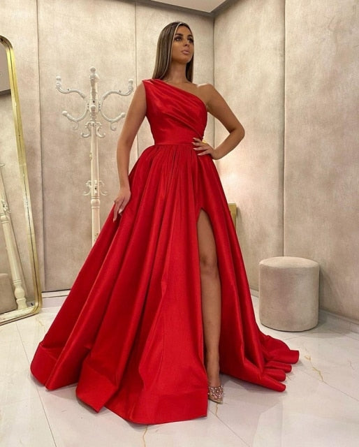 Red One Shoulder Split Prom Dress 2021 Women Formal Party Night