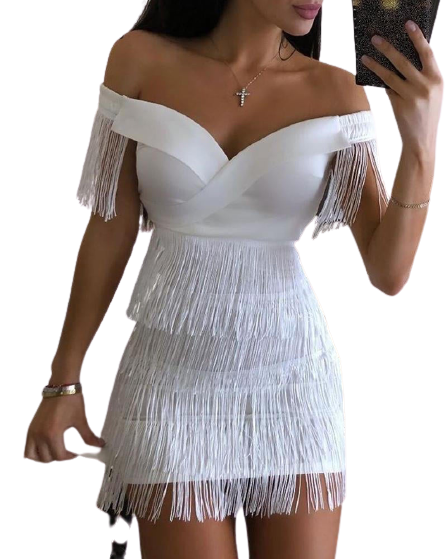 White Fringe Celebrity Evening Dress