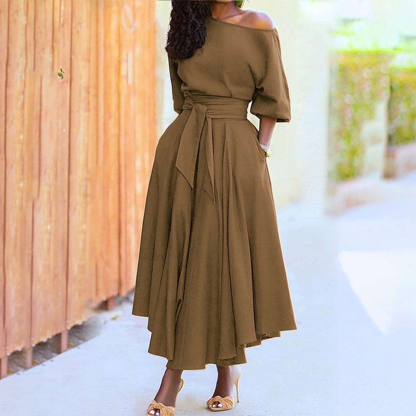 Slanted Shoulder Long Dress