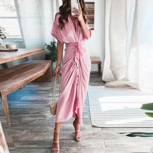 Fashion Classic Deep V Draped Shirt Long Dress