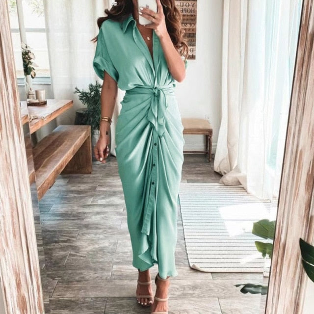 Fashion Classic Deep V Draped Shirt Long Dress