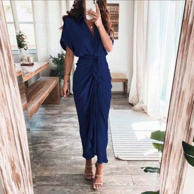 Fashion Classic Deep V Draped Shirt Long Dress