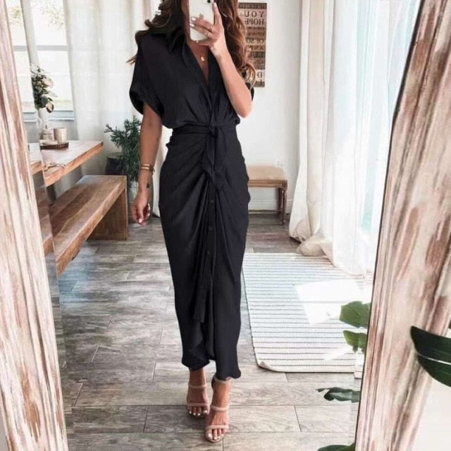 Fashion Classic Deep V Draped Shirt Long Dress