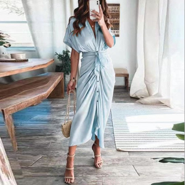 Fashion Classic Deep V Draped Shirt Long Dress