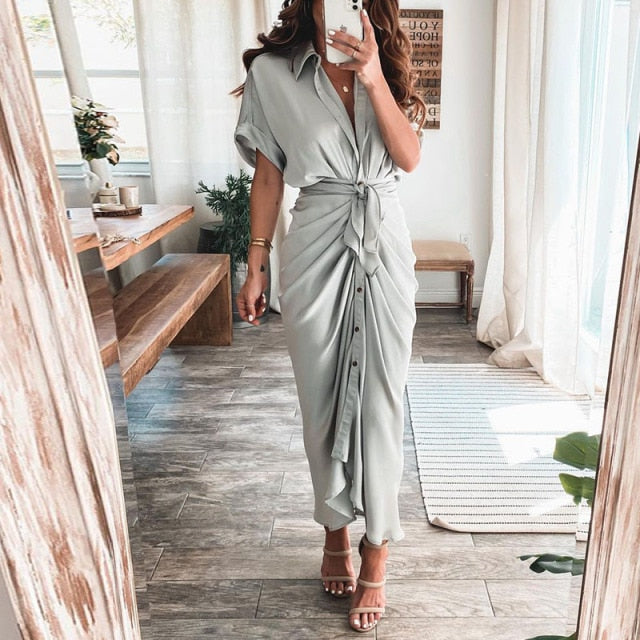 Fashion Classic Deep V Draped Shirt Long Dress