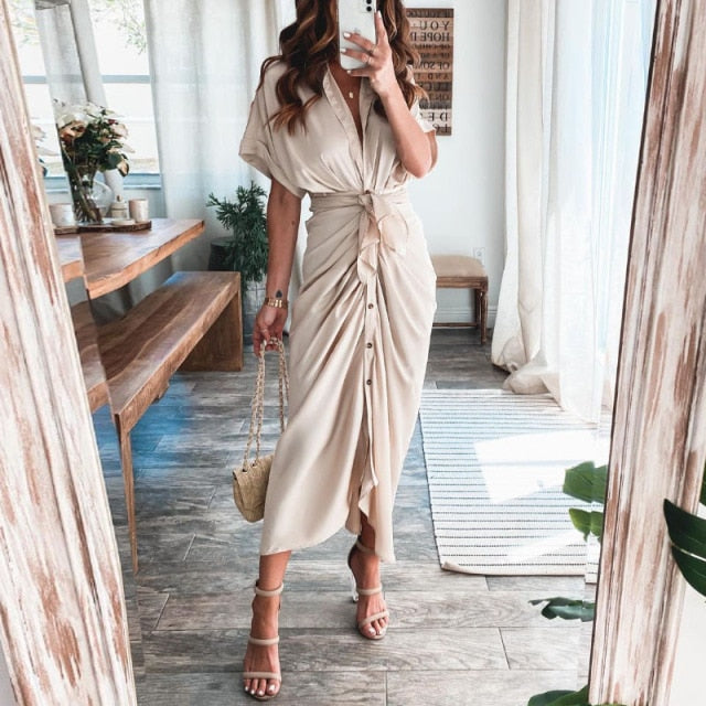 Fashion Classic Deep V Draped Shirt Long Dress