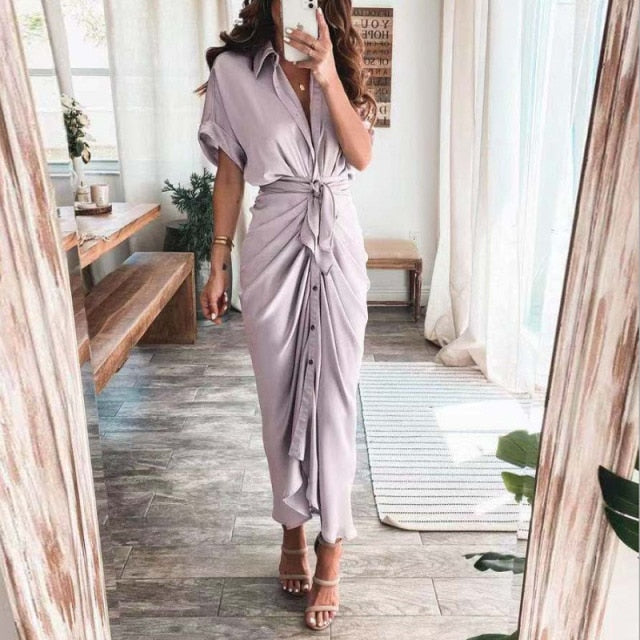 Fashion Classic Deep V Draped Shirt Long Dress