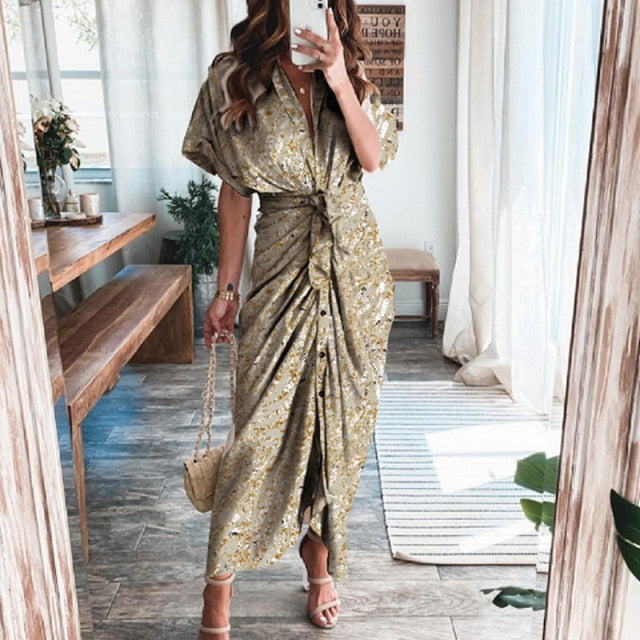 Fashion Classic Deep V Draped Shirt Long Dress