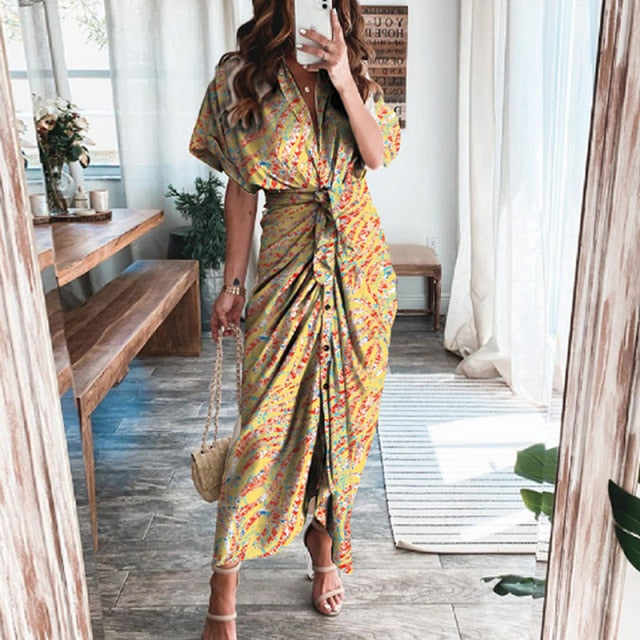 Fashion Classic Deep V Draped Shirt Long Dress