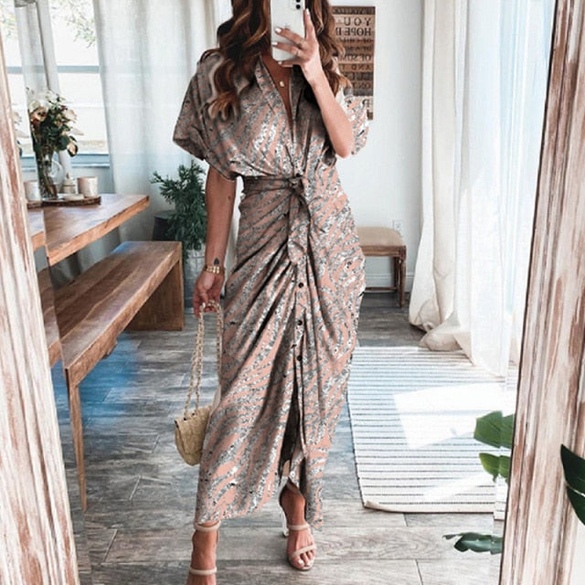 Fashion Classic Deep V Draped Shirt Long Dress