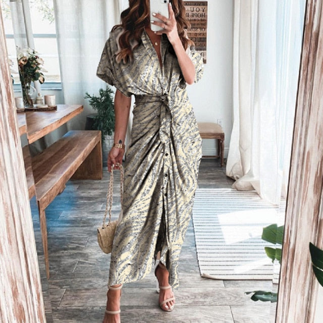 Fashion Classic Deep V Draped Shirt Long Dress