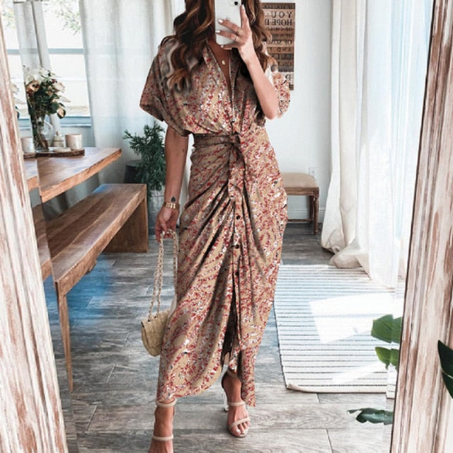 Fashion Classic Deep V Draped Shirt Long Dress