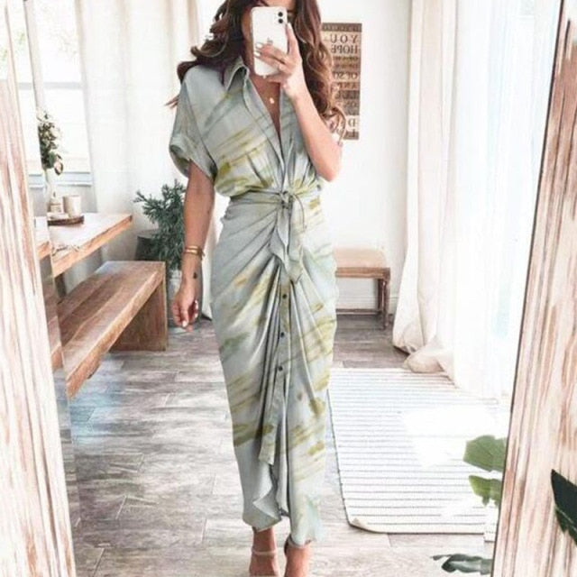 Fashion Classic Deep V Draped Shirt Long Dress