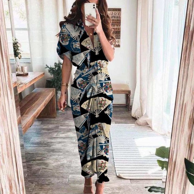 Fashion Classic Deep V Draped Shirt Long Dress