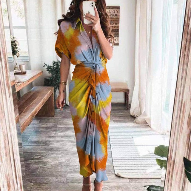 Fashion Classic Deep V Draped Shirt Long Dress