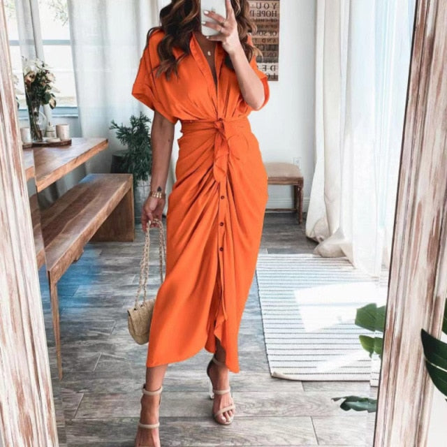 Fashion Classic Deep V Draped Shirt Long Dress