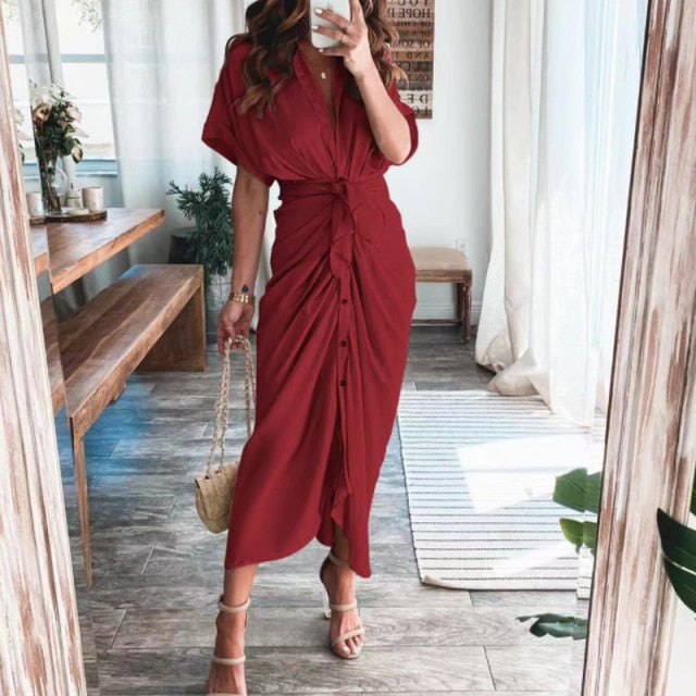 Fashion Classic Deep V Draped Shirt Long Dress