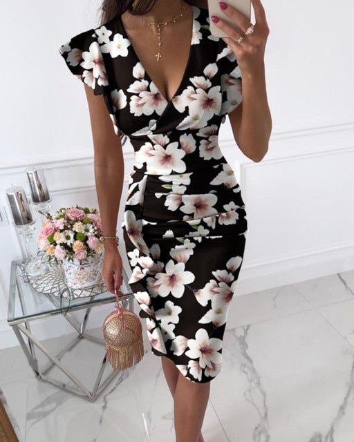 Elegant Ladies Dress Summer Fashion Ruffl Folds Flower Print Dress