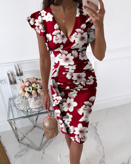 Elegant Ladies Dress Summer Fashion Ruffl Folds Flower Print Dress