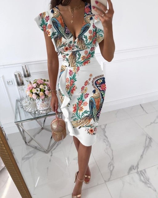 Elegant Ladies Dress Summer Fashion Ruffl Folds Flower Print Dress