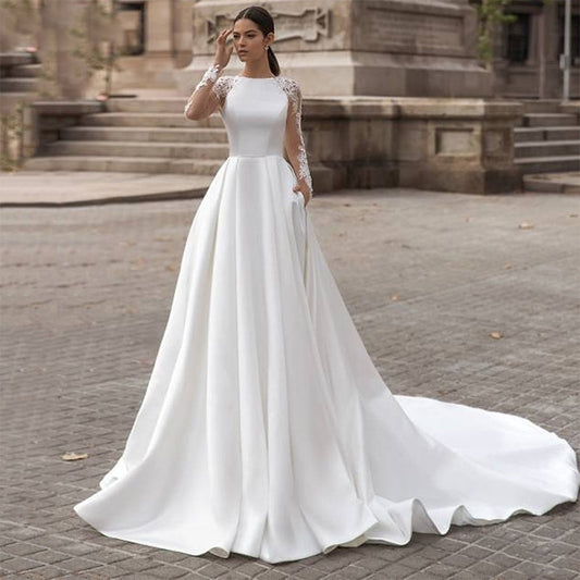 Wedding Dresses Satin High Round Neck Lace Illusion Full Sleeves