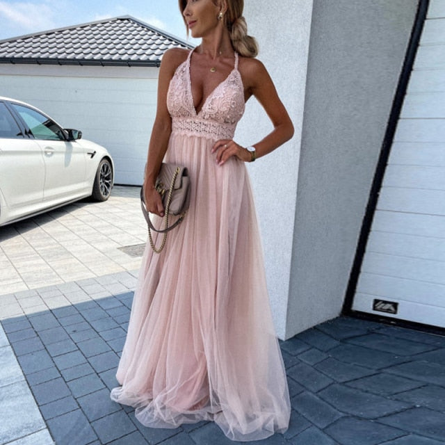 Embroidery Wrap Party Dress Elegant Off Shoulder Sleeveless Long Dress Women Mesh Lace Maxi Dress