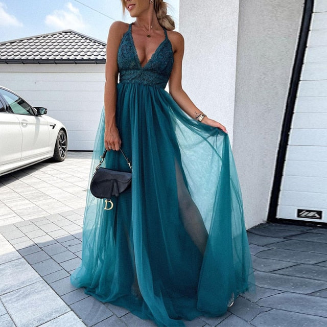 Embroidery Wrap Party Dress Elegant Off Shoulder Sleeveless Long Dress Women Mesh Lace Maxi Dress