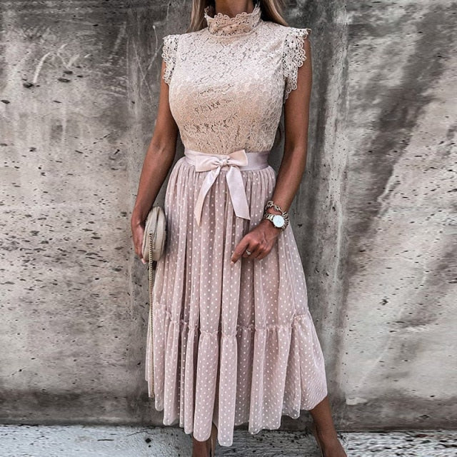 Embroidery Wrap Party Dress Elegant Off Shoulder Sleeveless Long Dress Women Mesh Lace Maxi Dress